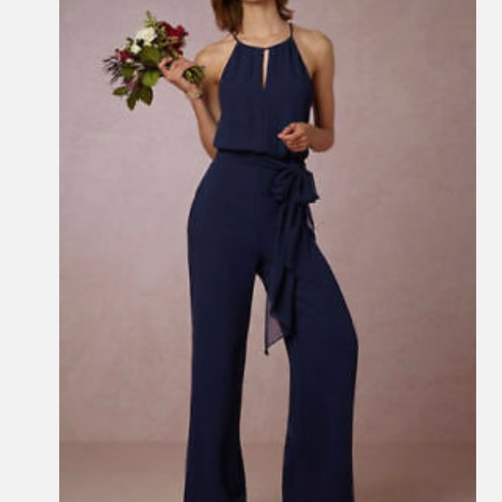 BHLDN DONNA MORGAN HALTERNECK TIE WAIST JUMPSUIT NAVY 0 XS